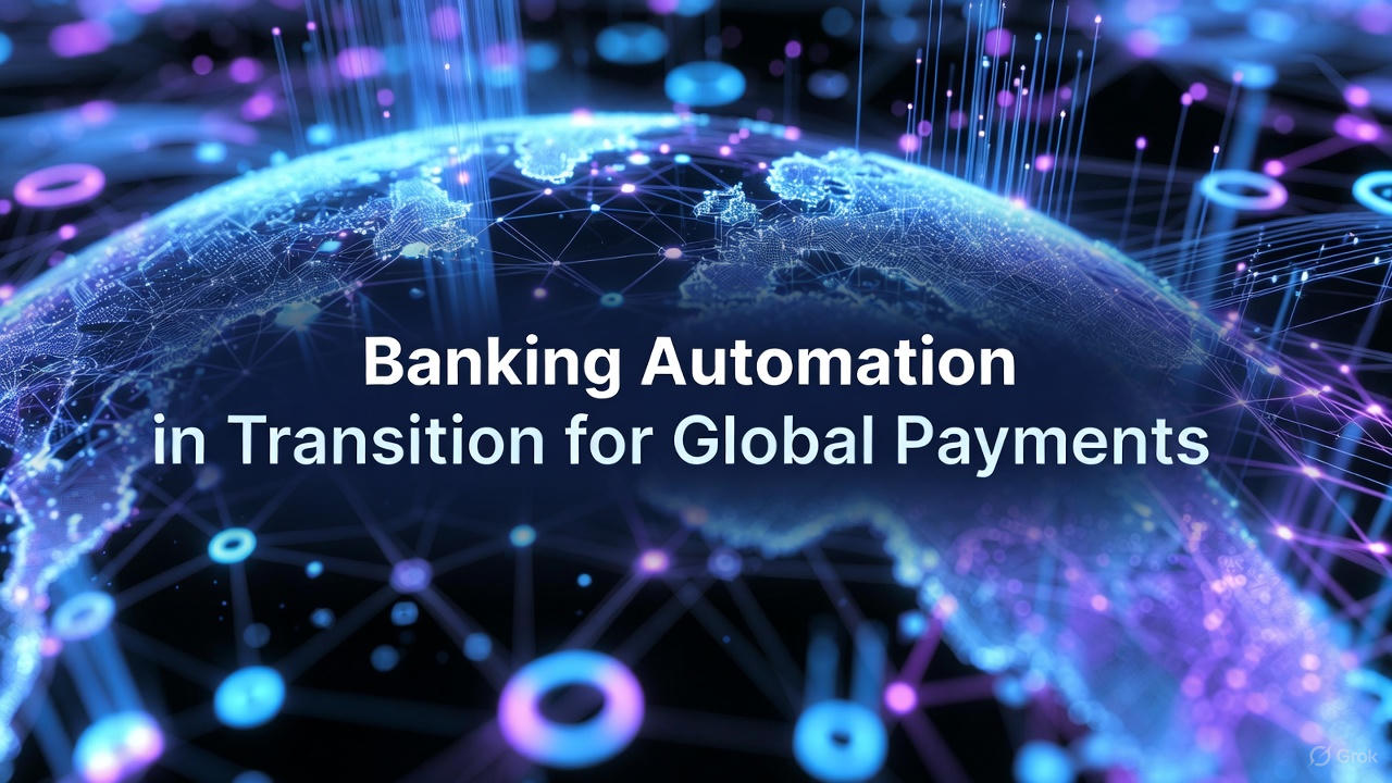 Banking Automation Futuristic digital globe illustrating global payment networks with interconnected nodes, glowing data streams, and abstract financial connections on a dark blue background. Centered bold white text reads: 'Banking Automation in Transition for Global Payments