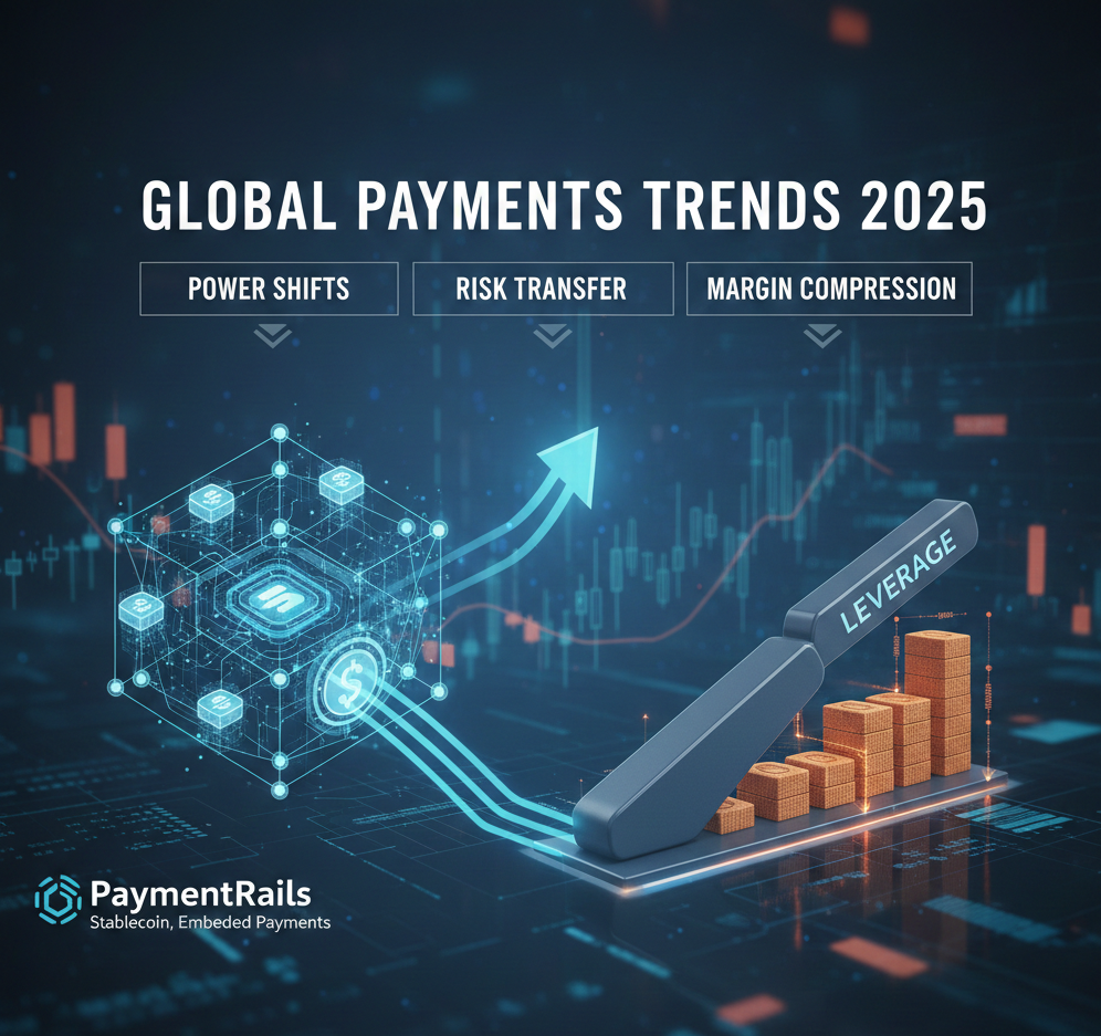 Futuristic fintech graphic illustrating "Global Payments Trends 2025" for PaymentRails, featuring stablecoin and embedded payments data flowing into a "Leverage" lever, highlighting power shifts, risk transfer, and margin compression.