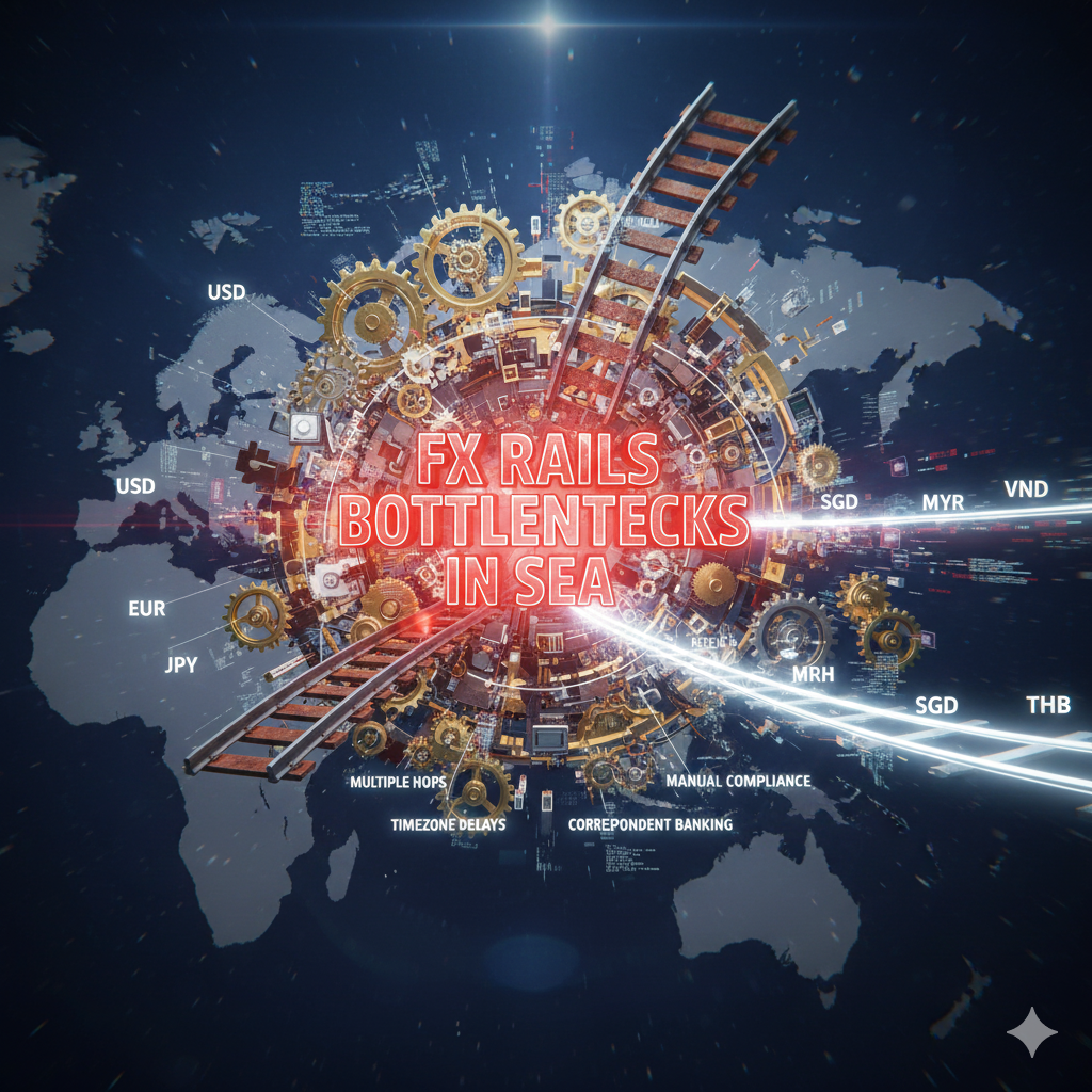Map of Southeast Asia (SEA) showing fragmented FX rails and cross-border payment corridors in countries like Singapore, Indonesia, Thailand, and Vietnam, illustrating FX rails bottlenecks SEA