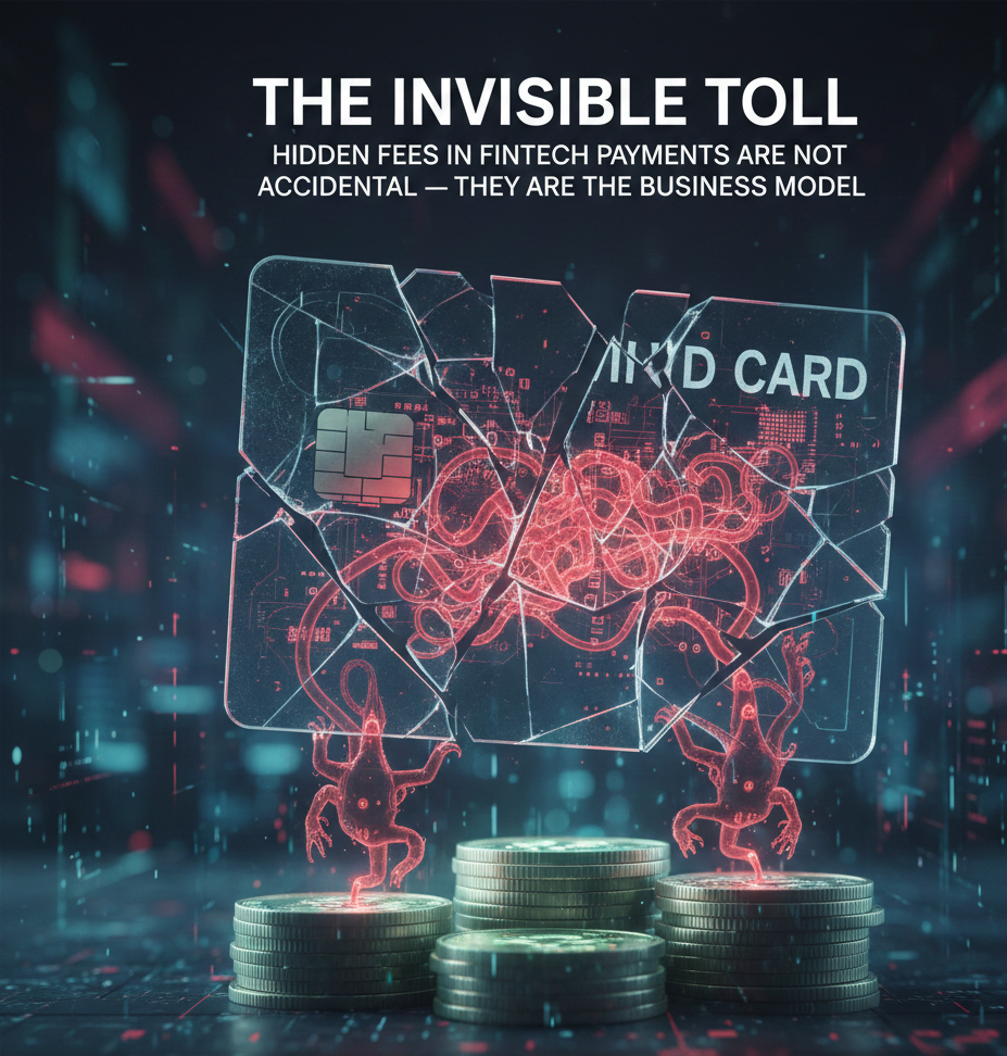 A conceptual digital illustration titled "The Invisible Toll." It features a glowing, shattered glass credit card suspended over stacks of physical coins. Inside the card, glowing red, vein-like structures form a complex, tangled knot, representing a hidden system. Two small, glowing red figures stand on the coins, appearing to manipulate the card from below. The background is a dark, cinematic digital space filled with bokeh light patterns and data streams.