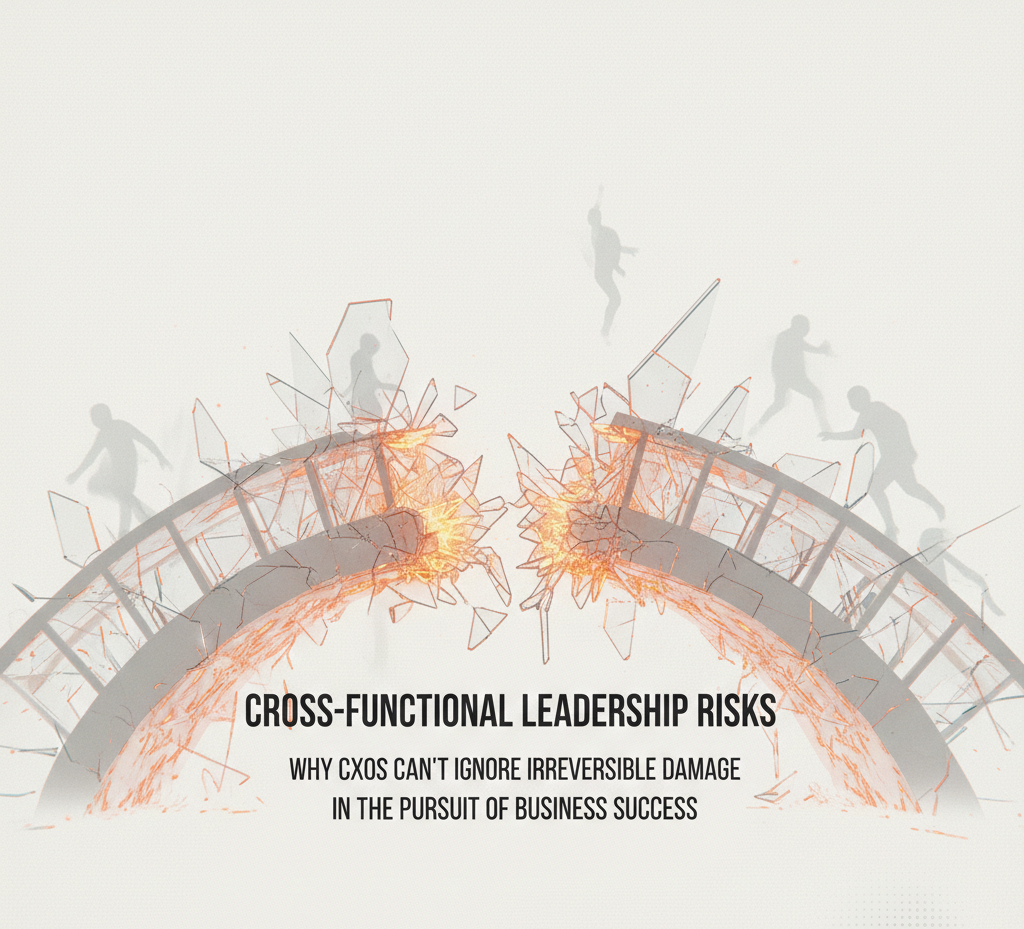 Conceptual illustration of a shattering glass bridge representing Cross-Functional Leadership Risks and the potential for irreversible damage in corporate strategy, featuring text for CXO business success insights.