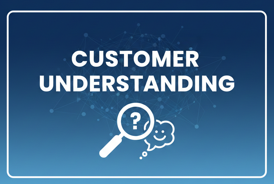 Infographic for Customer Understanding featuring icons for identifying needs, analyzing market trends, and developing marketing strategies.