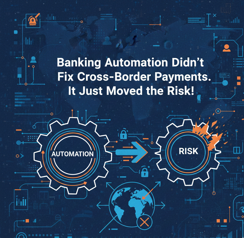 A conceptual infographic showing a blue gear labeled "Automation" passing an arrow to a burning gear labeled "Risk" over a world map, titled "Banking Automation Didn’t Fix Cross-Border Payments. It Just Moved the Risk!"