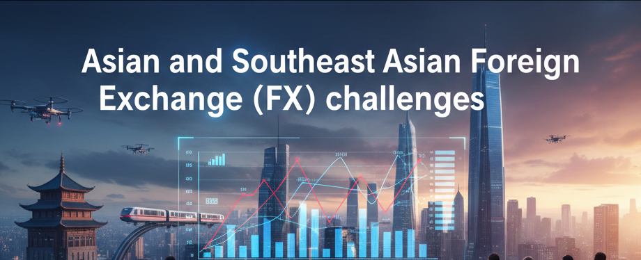 Wide banner featuring the title "Asian and Southeast Asian Foreign Exchange (FX) challenges" over a futuristic skyline with financial data overlays and professionals analyzing currency trends.