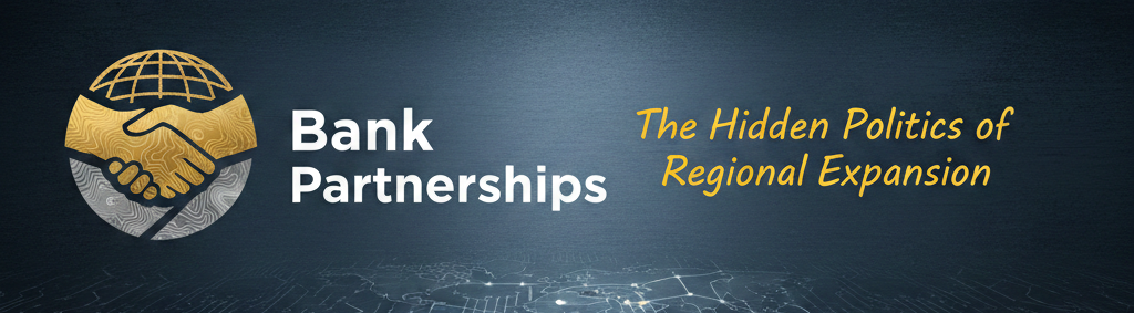 A professional horizontal banner featuring a circular gold and silver icon of two hands shaking in front of a globe. To the right, the text reads "Bank Partnerships: The Hidden Politics of Regional Expansion" against a dark, textured blue background with subtle circuit board patterns.
