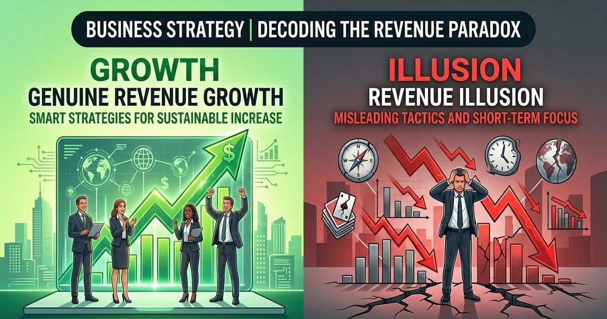 A split-screen business banner titled "Business Strategy | Decoding the Revenue Paradox." The left side, themed in green, shows "Genuine Revenue Growth" with a rising arrow and a diverse, celebrating professional team. The right side, themed in red, shows "Revenue Illusion" with a crashing arrow and a stressed businessman standing over a cracked floor.