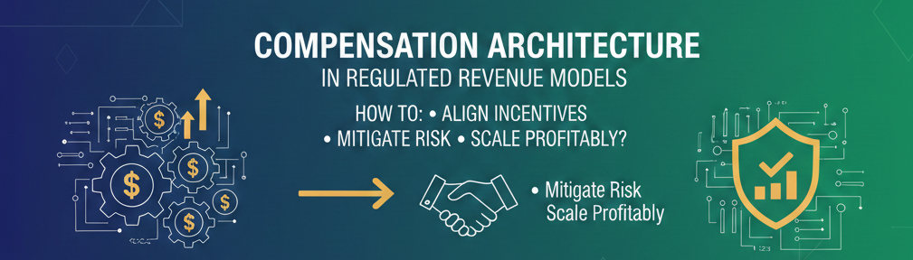A professional corporate banner for "Compensation Architecture in Regulated Revenue Models." The design features a dark blue and green gradient background with technical icons: a gear system with dollar signs, a handshake, and a shield over a bar graph. The text outlines three key goals: Align Incentives, Mitigate Risk, and Scale Profitably.