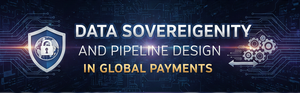 A professional horizontal banner with a dark blue tech background featuring the text "DATA SOVEREIGNTY AND PIPELINE DESIGN IN GLOBAL PAYMENTS." To the left is a digital shield icon with a padlock over a globe, and to the right are interlocking gears and circuit board patterns, representing secure data flow.
