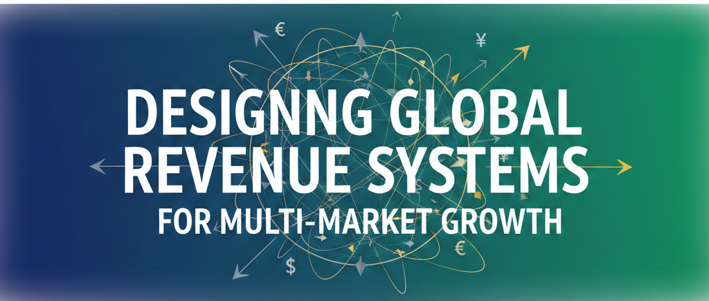 Professional horizontal banner with a dark teal and blue gradient background featuring the text "Designing Global Revenue Systems for Multi-Market Growth." The background includes an abstract network of interconnecting lines, arrows, and global currency symbols like the Dollar, Euro, and Yen.