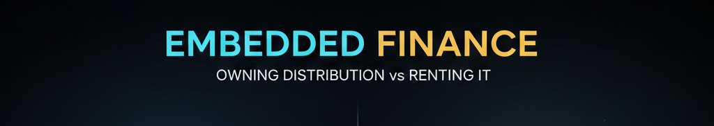 A split-screen conceptual illustration titled "Embedded Finance: Owning Distribution vs Renting It." The left side represents "Owning" with a glowing digital circuit tree, while the right side represents "Renting" with a hand paying fees at a gated toll-like entrance.