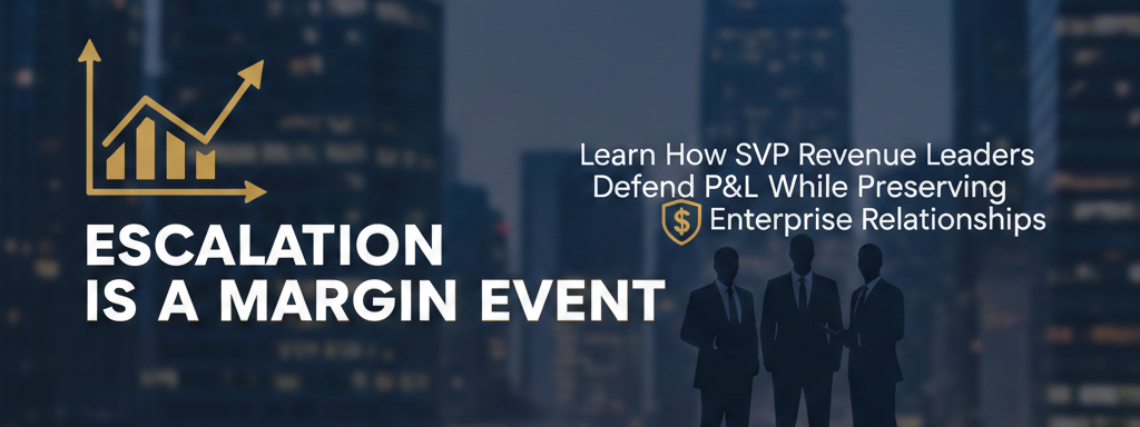 A professional corporate banner with a dark navy blue background featuring a blurred cityscape and silhouettes of business professionals. The left side displays a gold line graph icon and the bold white text "ESCALATION IS A MARGIN EVENT." The right side contains the subtext "Learn How SVP Revenue Leaders Defend P&L While Preserving Enterprise Relationships" next to a small gold shield icon. A "ProfitGuard Advisors" logo is in the bottom right corner.