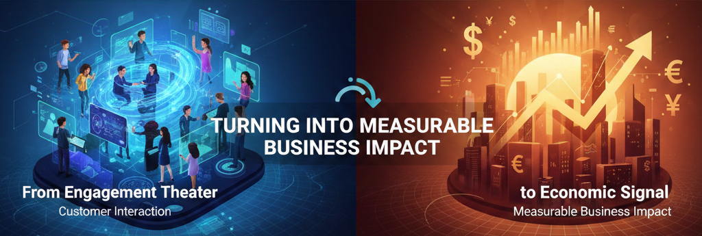 Split-screen business banner showing a transition from blue "Engagement Theater" with digital customer interactions to an orange "Economic Signal" with a rising growth chart and currency symbols, illustrating measurable business impact.