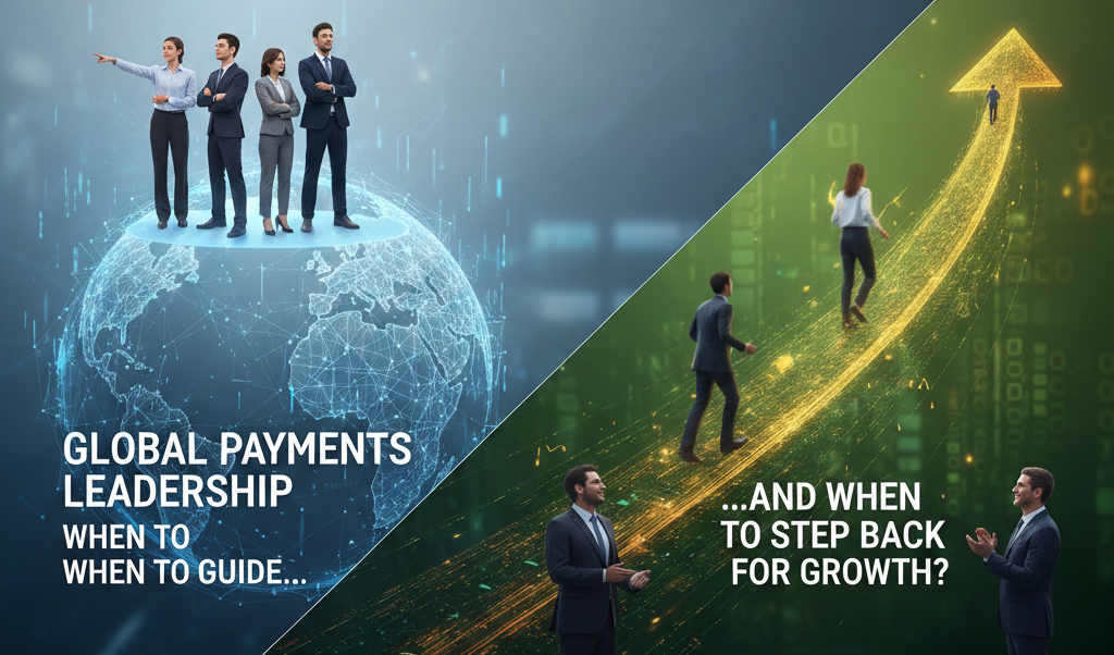 A professional split-screen banner for "Global Payments Leadership." The left side shows a diverse team of executives standing on a digital globe with the text "When to Guide..." The right side features a glowing upward arrow with professionals ascending, accompanied by the text "...and when to step back for growth?" The design uses a sophisticated blue and gold color palette.