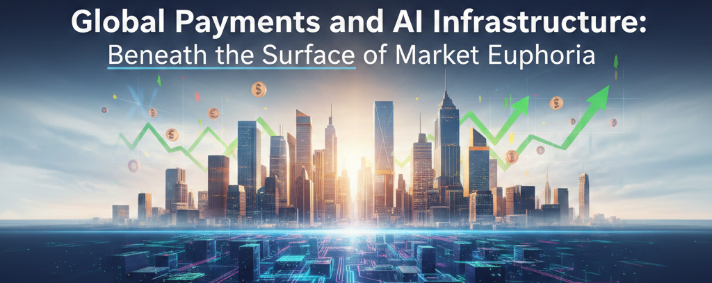 A wide cinematic banner split into two layers: the top shows a glowing golden skyline with rising green stock market arrows, while the bottom "sub-surface" layer reveals a dense, glowing grid of blue and pink digital circuits and AI data pathways. The text "Global Payments and AI Infrastructure: Beneath the Surface of Market Euphoria" is centered at the top.