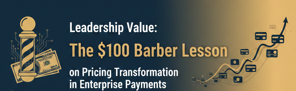Professional banner for "Leadership Value: The $100 Barber Lesson on Pricing Transformation in Enterprise Payments." The design features a stylized gold barber pole, $100 bills, and an upward-trending financial growth graph with credit card icons on a sleek dark navy and gold gradient background.