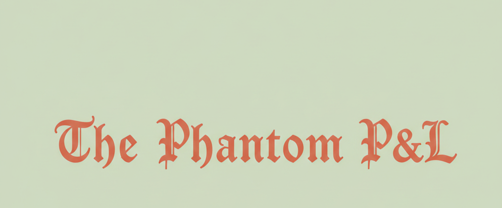 Here are the individual text elements for your image: Alt Text "The Phantom P&L" written in a terracotta-colored, Gothic-style font centered on a solid light green background