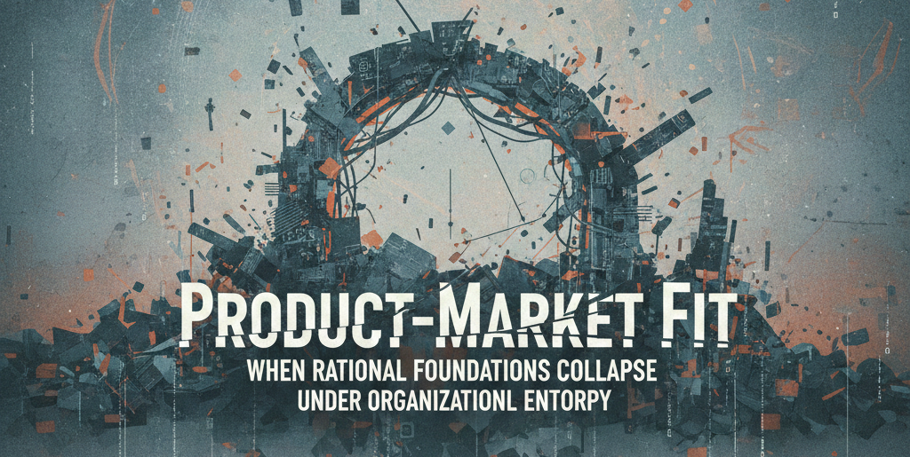 Product-Market Fit banner featuring a crumbling architectural structure representing organizational entropy, with high-contrast text overlay.