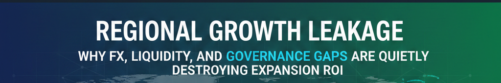 Professional business banner titled Regional Growth Leakage featuring a world map background, a cracked piggy bank leaking currency, and a declining financial bar chart representing FX and liquidity gaps.