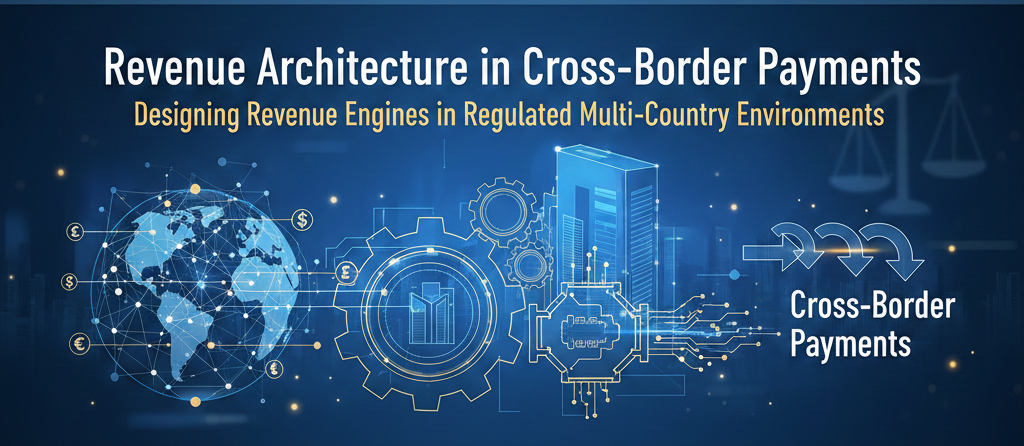 Professional digital banner for "Revenue Architecture in Cross-Border Payments," featuring a glowing global network, financial gear mechanisms, and circuit board motifs on a dark blue background to represent FinTech infrastructure and international regulation.