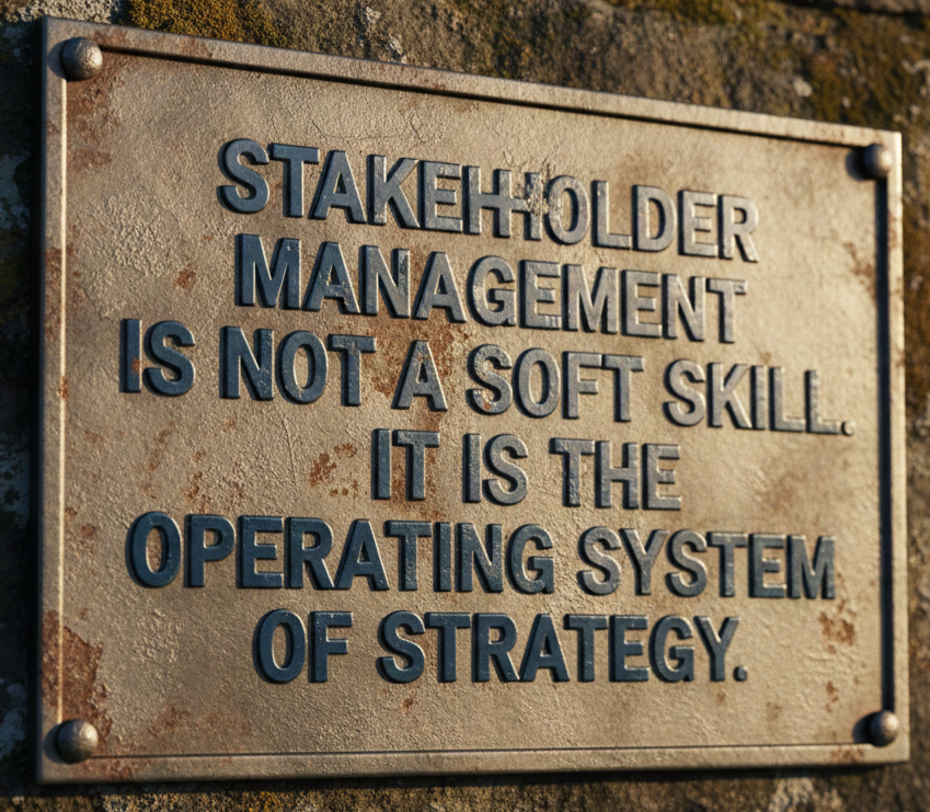 A weathered bronze plaque mounted on a stone wall featuring the embossed text: "Stakeholder Management is not a Soft Skill. It is the Operating System of Strategy."