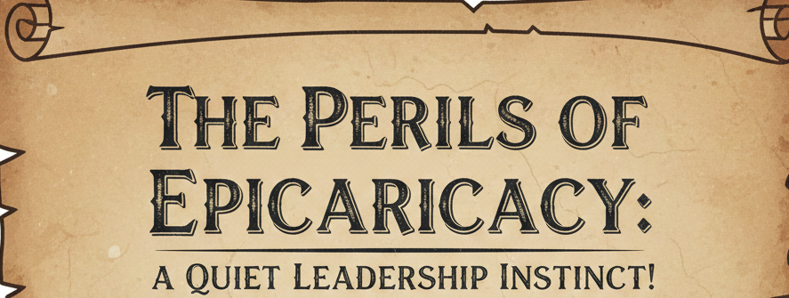 An antique parchment scroll banner featuring the title "THE PERILS OF EPICARICACY: A QUIET LEADERSHIP INSTINCT!" The center contains an illustration of a lone silhouette standing on a cliff overlooking a crumbling castle under a stormy sky, framed by a border of thorns.