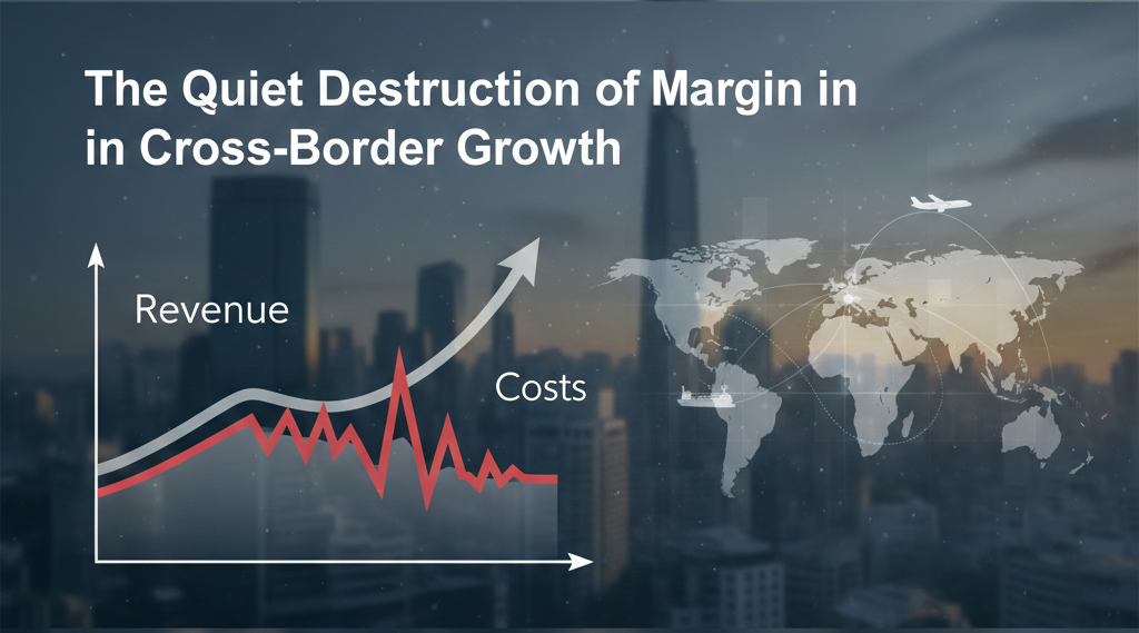 Business banner titled "The Quiet Destruction of Margin in Cross-Border Growth" featuring a financial graph where a rising revenue line is undercut by volatile red cost fluctuations against a global city backdrop.