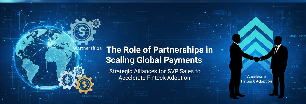 A professional corporate banner with a dark navy blue background featuring a digital grid and a faint glowing world map. Centered white text discusses the role of partnerships in scaling global payments and accelerating fintech adoption.