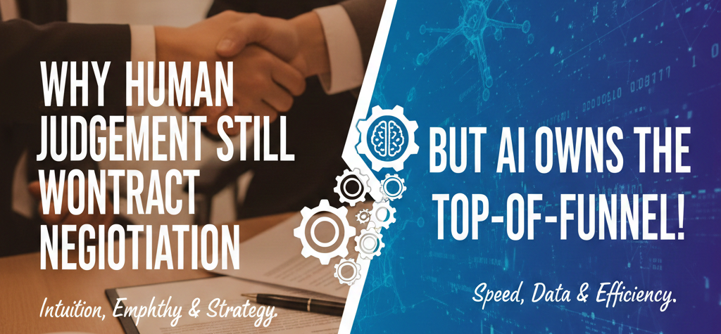 A split-screen banner showing a professional handshake in a law office on the left and a digital blue neural network on the right, representing the balance between human judgment in negotiations and AI efficiency in top-of-funnel lead generation.