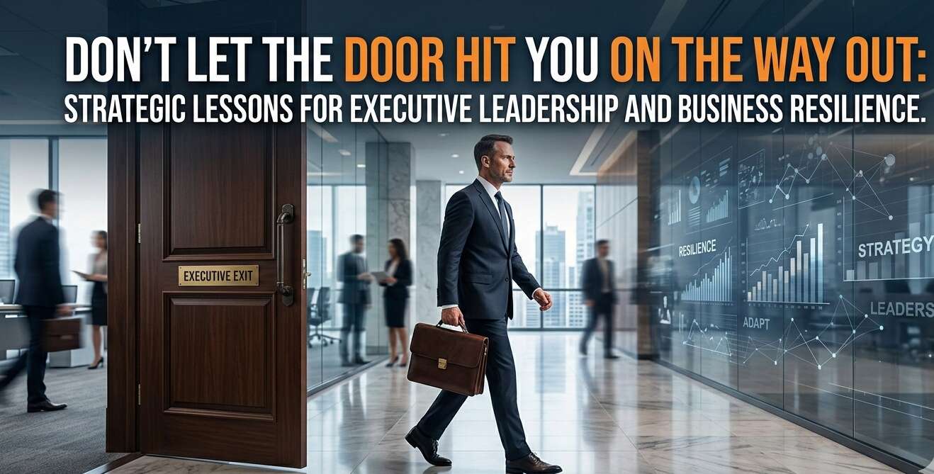 A high-resolution professional banner featuring a sleek modern office hallway. An executive in a navy suit carrying a briefcase walks past a heavy wooden door labeled "Executive Exit." On the right, a glass wall displays glowing digital data overlays with terms like "Strategy," "Leadership," and "Resilience." Bold text at the top reads: "Don’t Let the Door Hit You on the Way Out: Strategic Lessons for Executive Leadership and Business Resilience."