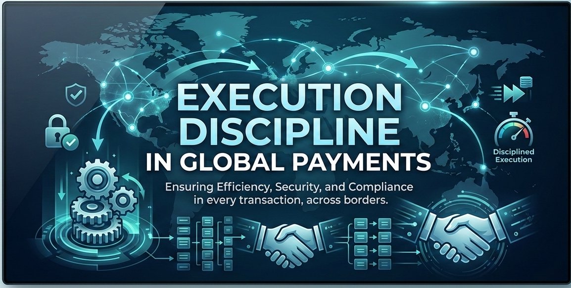 A professional digital banner titled "Execution Discipline in Global Payments." The background features a glowing blue world map with interconnected data lines. Central graphics include metallic gears, a secure padlock icon, a speed meter for efficiency, and two stylized digital handshakes representing successful cross-border transactions.