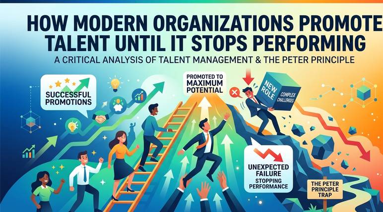 A wide horizontal banner titled "How Modern Organizations Promote Talent Until It Stops Performing." The graphic features a colorful split-screen illustration: on the left, employees are climbing a golden ladder toward success. On the right, an overwhelmed employee struggles at the top of a rocky peak, dropping a heavy box labeled "New Role/Complex Challenges," signifying a performance failure.