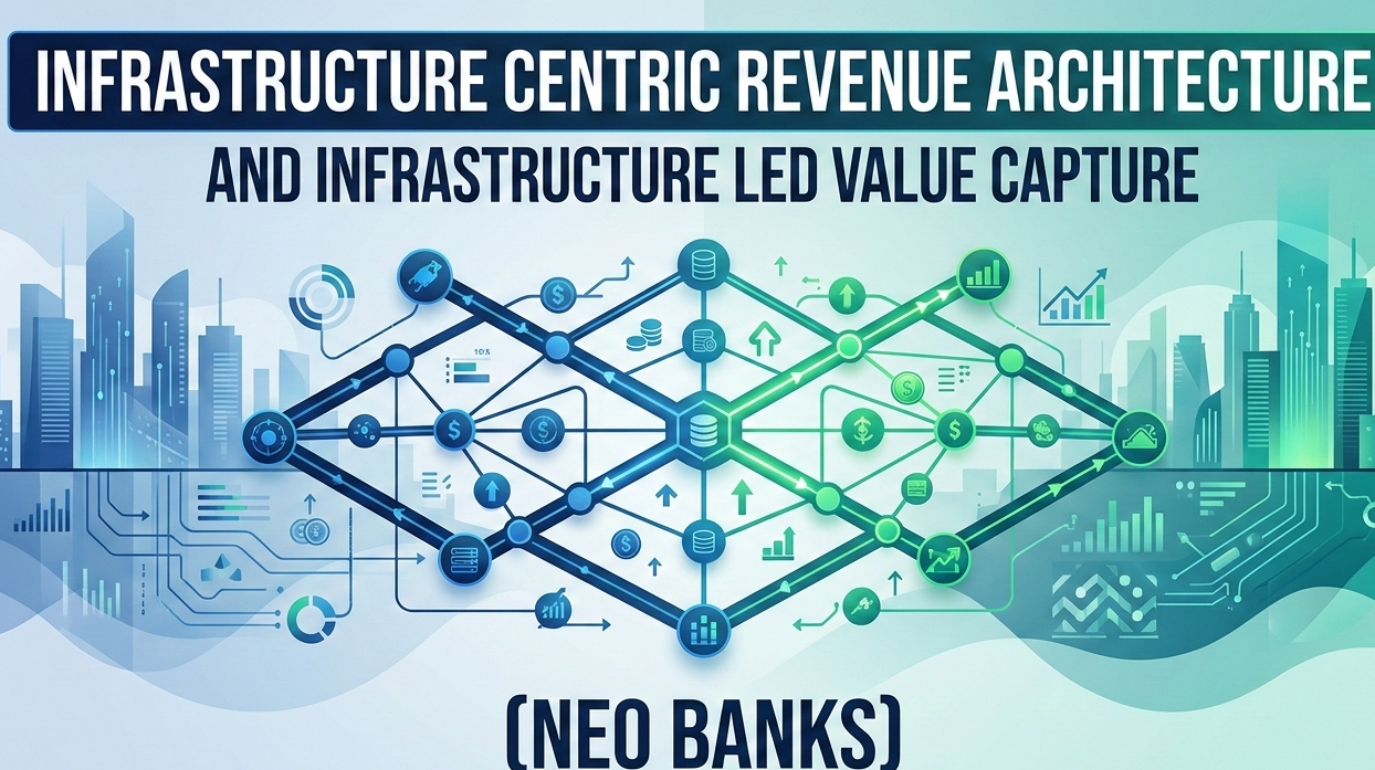 A futuristic, corporate style digital banner featuring a complex network of glowing data nodes and geometric connections. The background shows a sleek, stylized cityscape transition. Large, clear text at the top reads "INFRASTRUCTURE CENTRIC REVENUE ARCHITECTURE AND INFRASTRUCTURE LED VALUE CAPTURE," with "(NEO BANKS)" prominently displayed at the bottom.
