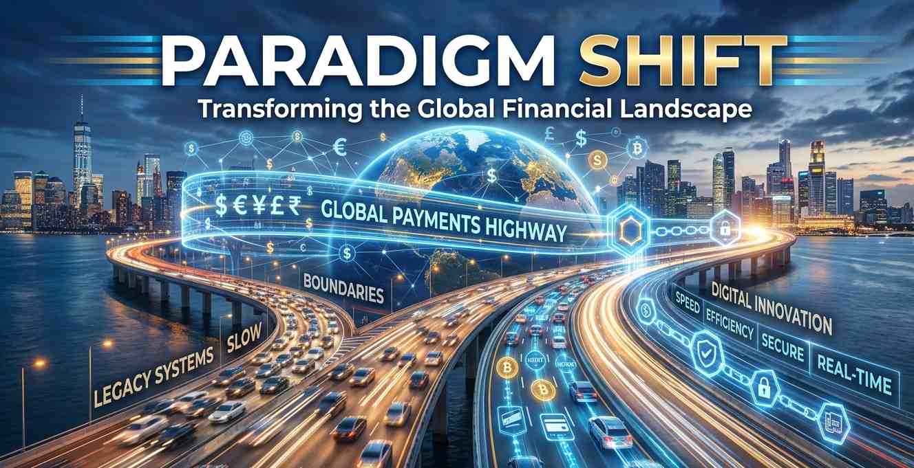 A cinematic digital banner featuring a high-speed futuristic highway representing the global payments infrastructure. The left side shows congested traffic labeled "Legacy Systems," while the right side transitions into a glowing blue data stream labeled "Digital Innovation," featuring icons for speed, security, and real-time processing against a modern city skyline at dusk.