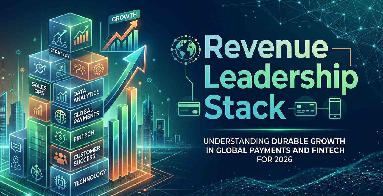 A high-tech digital banner titled "Revenue Leadership Stack." The image features a glowing 3D vertical stack of blocks representing business components like Strategy, Data Analytics, and Global Payments. To the right, bold text reads "Understanding Durable Growth in Global Payments and Fintech for 2026," set against a futuristic dark teal background with a digital city skyline and data network patterns.