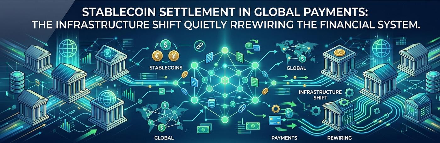 A wide digital banner showing a futuristic network of glowing blue and green data lines connecting traditional bank buildings with digital currency symbols and a central geometric blockchain node. The headline reads: "Stablecoin Settlement in Global Payments: The Infrastructure Shift Quietly Rewiring the Financial System."