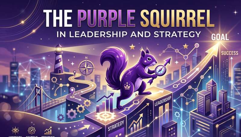 An illustrative banner titled "The Purple Squirrel in Leadership and Strategy." It features a stylized purple squirrel standing on a futuristic city platform labeled "Strategy" and "Leadership." The squirrel holds a compass and points toward a glowing "Goal" at the top of an ascending arrow. The background includes a lighthouse, a digital network bridge, and icons for "Visionary," "Adaptive," and "Strategic."