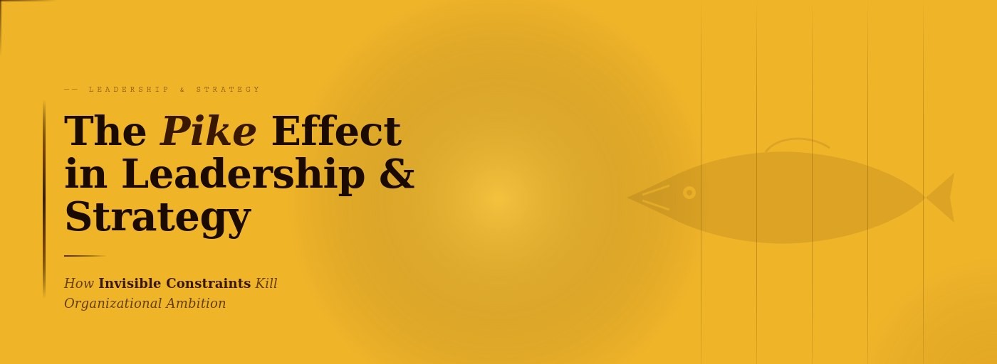 A golden-yellow banner titled "The Pike Effect in Leadership & Strategy" with the subtitle "How Invisible Constraints Kill Organizational Ambition," featuring a dark pike fish silhouette overlaid with vertical constraint bars, set against a warm amber background with subtle grid texture.