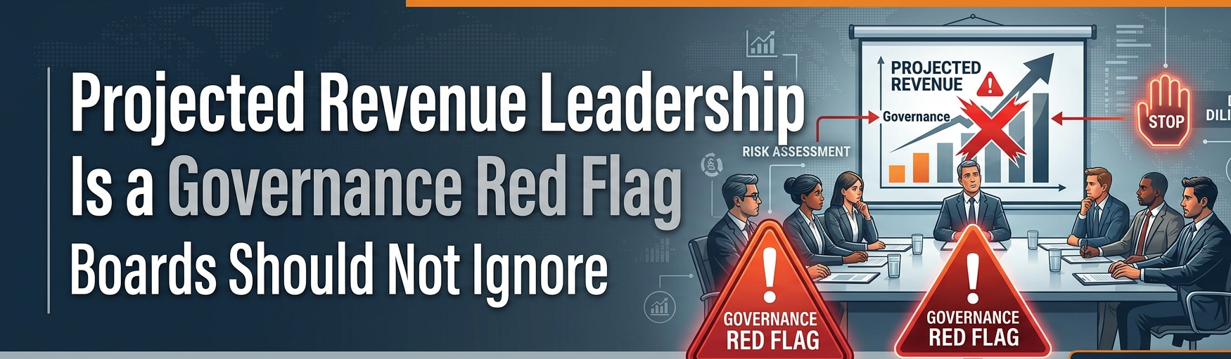 Corporate board meeting infographic banner titled "Projected Revenue Leadership Is a Governance Red Flag Boards Should Not Ignore" with risk assessment icons and a "Download White Paper" call-to-action button.