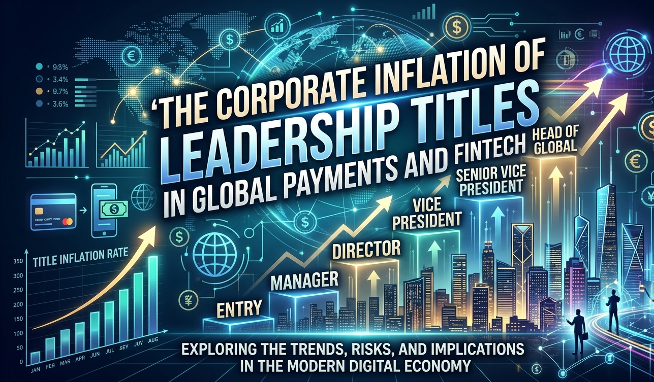 A high-tech digital banner titled "The Corporate Inflation of Leadership Titles in Global Payments and Fintech." The background features a futuristic city skyline overlaid with global financial data, currency symbols, and networking nodes. A rising bar chart on the left tracking "Title Inflation Rate" transitions into an ascending staircase of corporate titles: Entry, Manager, Director, Vice President, Senior Vice President, and Head of Global. Silhouette professionals look out toward the illuminated cityscape.