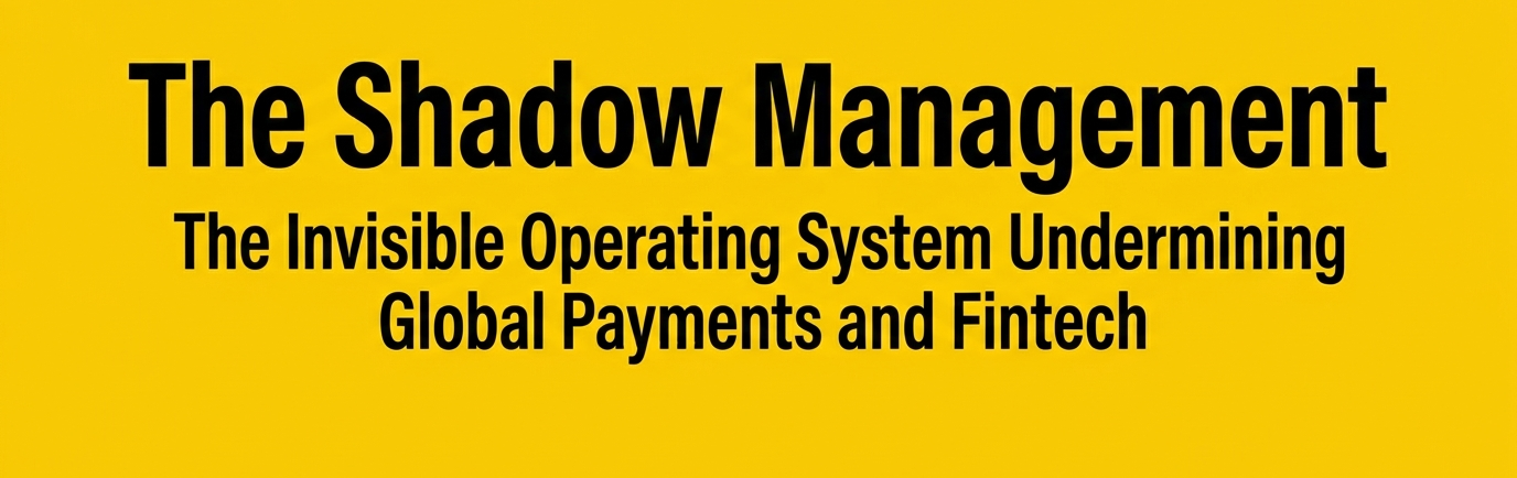 Minimalist yellow web banner featuring the title "The Shadow Management" and the subtitle "The Invisible Operating System Undermining Global Payments and Fintech" in clean black typography.