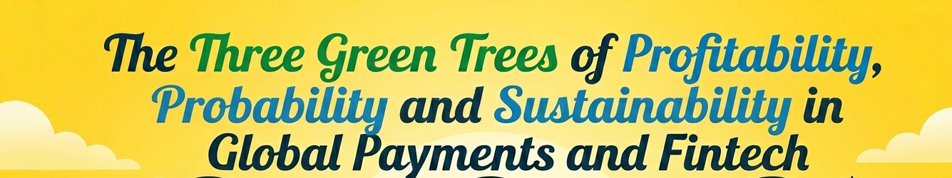 An illustrated fintech banner featuring three green trees labeled Profitability, Probability, and Sustainability against a bright yellow background, representing key pillars in global payments and fintech.