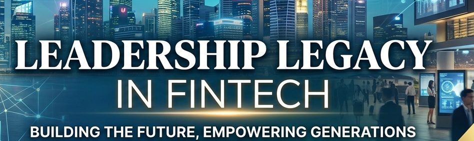Leadership Legacy in Fintech virtual summit banner featuring diverse corporate executives walking toward a futuristic digital city skyline with financial data graphs and global currency symbols.