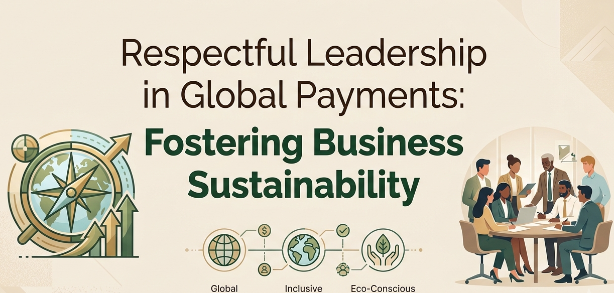 A professional business banner with a warm beige background featuring the text "Respectful Leadership in Global Payments: Fostering Business Sustainability." The design includes a compass and globe graphic, a diverse team collaborating around a conference table, and icons representing global reach, inclusive teams, and eco-conscious practices.