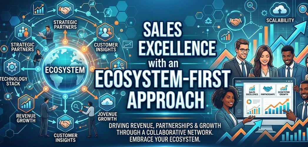 Futuristic digital banner titled Sales Excellence with an Ecosystem-First Approach, featuring a global collaborative network, professional business team analyzing revenue growth charts, strategic partnership icons, and tech stack connectivity.