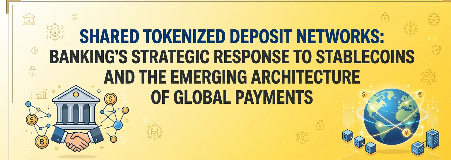 A professional yellow marketing banner featuring the headline "Shared Tokenized Deposit Networks: Banking's Strategic Response to Stablecoins and the Emerging Architecture of Global Payments." The design includes fintech graphics of a classical bank building with a handshake, a digital global network sphere, and cryptocurrency icons.