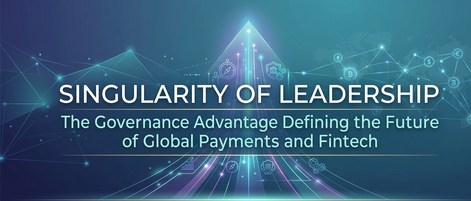 A high-tech digital banner for 'SINGULARITY OF LEADERSHIP: The Governance Advantage Defining the Future of Global Payments and Fintech,' featuring glowing blue, green, and purple data networks, currency symbols, and a central light pyramid.