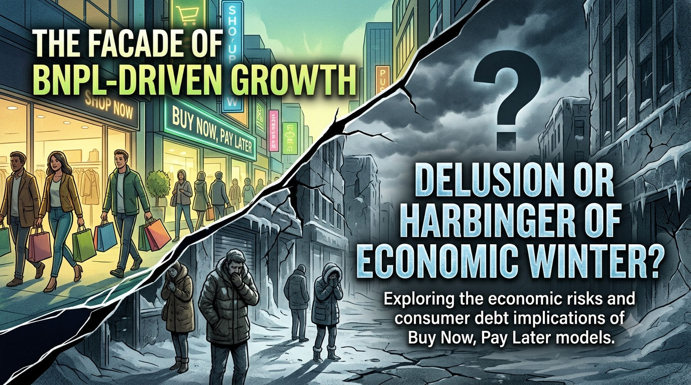 A split-screen illustration comparing a vibrant, active 'Buy Now, Pay Later' shopping district on the left with a frozen, desolate 'Economic Winter' landscape on the right, under text reading "The Facade of BNPL-Driven Growth: Delusion or Harbinger of Economic Winter?".