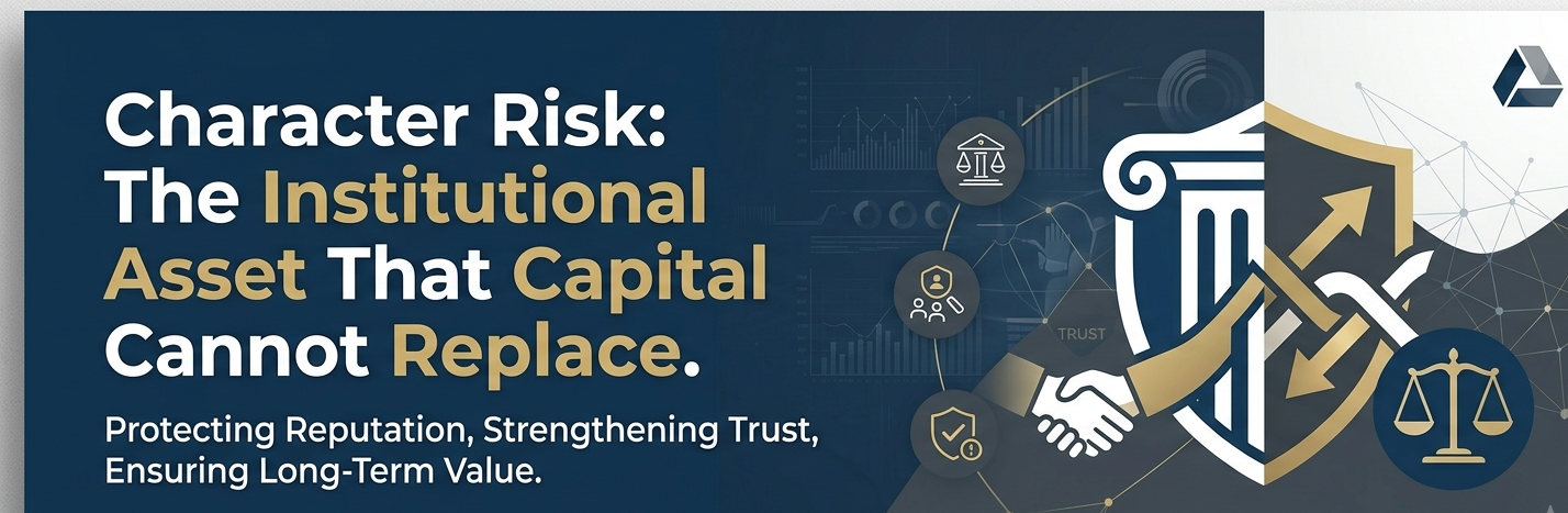 Professional corporate banner titled 'Character Risk: The Institutional Asset That Capital Cannot Replace' featuring abstract legal, trust, and financial icons on a dark blue and gold background.