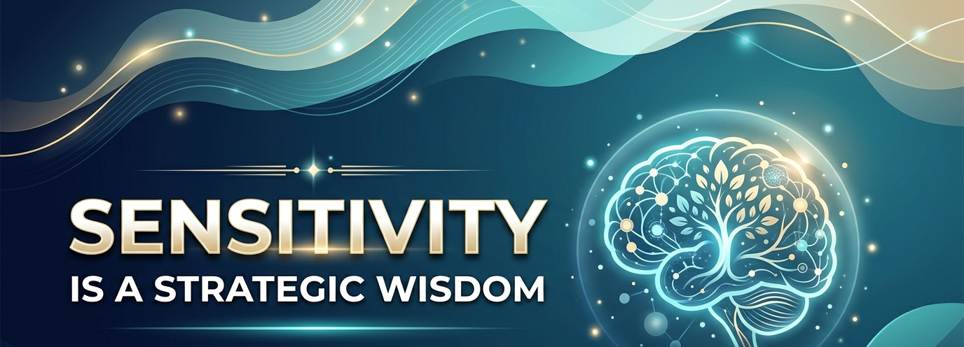 Sensitivity Is a Strategic Wisdom conceptual banner featuring a glowing brain graphic with interconnected neural paths forming a tree, set against an abstract teal and gold background representing emotional intelligence and executive leadership.