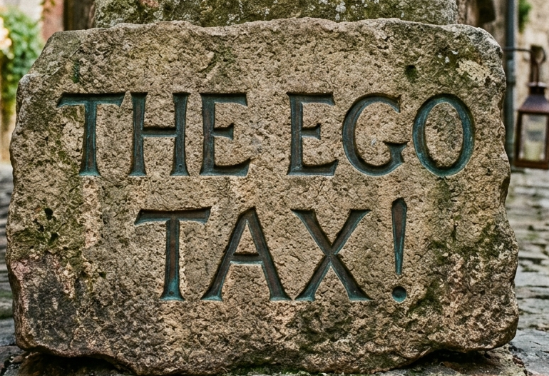 Stone monument carved with the words "The Ego Tax!" set on a rustic cobblestone street.